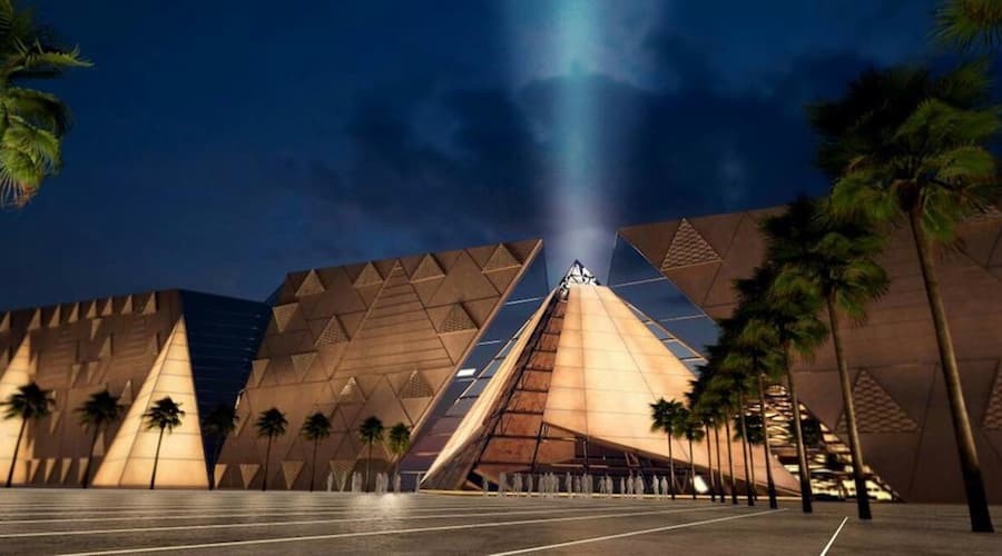 Exterior view of the Grand Egyptian Museum near the Pyramids of Giza in Cairo, Egypt